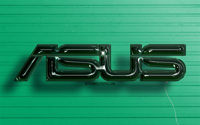 Asus3Dロゴ, 4K, 濃い緑色のリアルな風船, Asusのロゴ, 緑の木製の背景, アスサ
