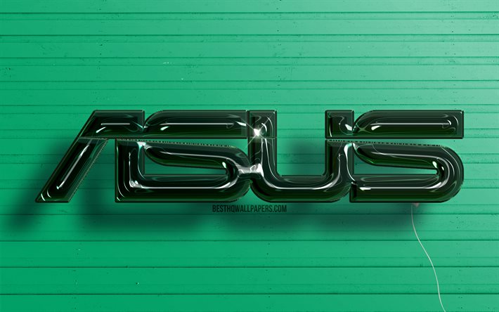 Logotipo 3D da Asus, 4K, bal&#245;es realistas verdes escuros, logotipo da Asus, fundos de madeira verdes, Asus