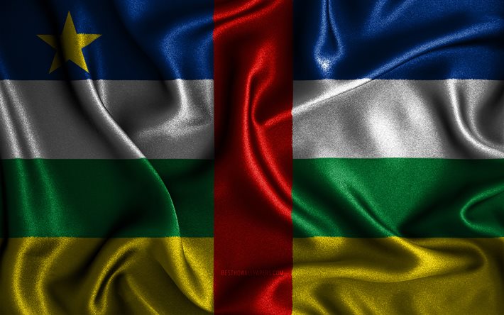 Bandeira da Rep&#250;blica Centro-Africana, 4k, bandeiras onduladas de seda, pa&#237;ses africanos, s&#237;mbolos nacionais, bandeiras de tecido, arte 3D, Rep&#250;blica Centro-Africana, &#193;frica, Bandeira do CAR