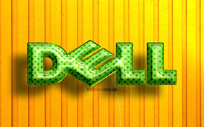 デルの3Dロゴ, 4K, 緑のリアルな風船, 黄色の木製の背景, ブランド, デルのロゴ, デル