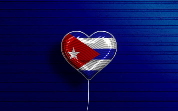キューバが大好き, 4k, リアルな風船, 青い木の背景, 北米諸国, キューバの旗のハート, 好きな国, キューバの旗, フラグ付きバルーン, 北米