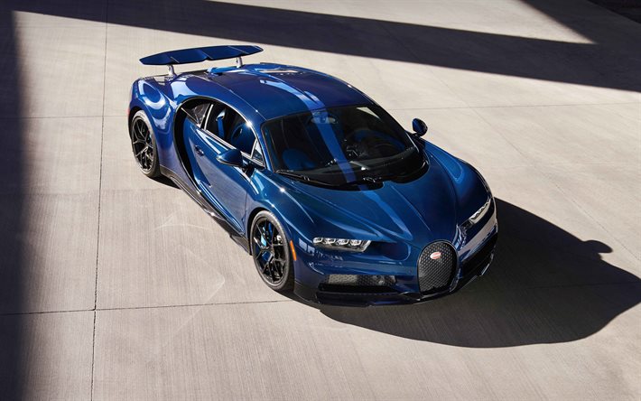 2021, Bugatti Chiron Pur Sport, 4k, sininen hyperauto, ulkopuoli, uusi sininen Chiron, hyperauto, superautot, Bugatti