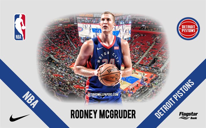 Rodney McGruder, Detroit Pistons, amerikkalainen koripallopelaaja, NBA, muotokuva, USA, koripallo, Little Caesars Arena, Detroit Pistons logo