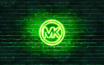 Michael Kors green logo, 4k, green brickwall, Michael Kors logo, fashion brands, Michael Kors neon logo, Michael Kors
