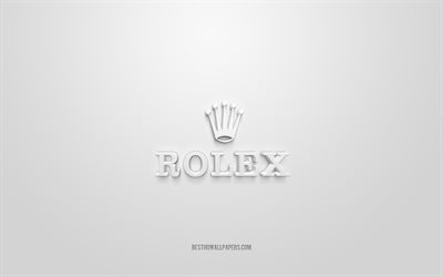 rolex-logo, wei&#223;er hintergrund, rolex-3d-logo, 3d-kunst, rolex, markenlogo, wei&#223;es 3d-rolex-logo