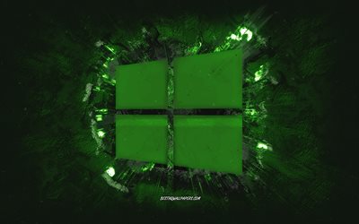 Download wallpapers Windows logo, grunge art, green stone background ...