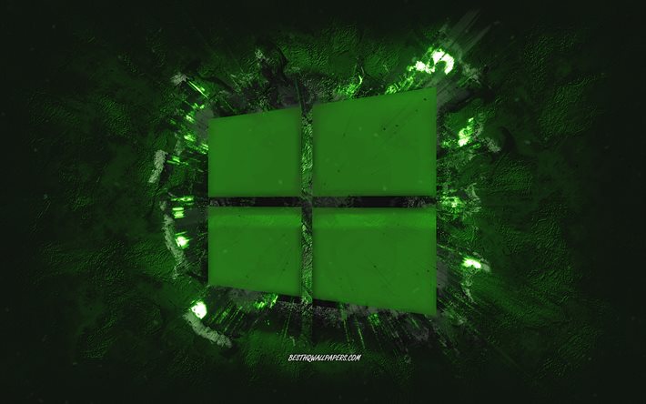 Windowsロゴ, グランジアート, 緑の石の背景, Windowsの緑のロゴ, Windows, クリエイティブアート, 緑のWindows10ロゴ
