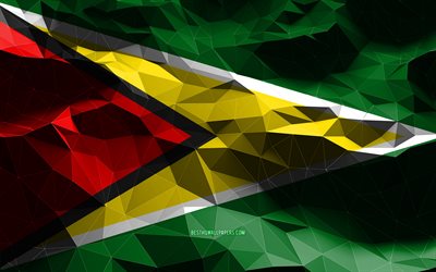 4k, bandiera della Guyana, arte low poly, paesi nordamericani, simboli nazionali, bandiere 3D, Guyana, Nord America, bandiera 3D della Guyana
