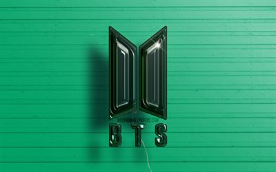 BTS 3D logosu, 4K, Bangtan Boys, koyu yeşil ger&#231;ek&#231;i balonlar, BTS logosu, Bangtan Boys logosu, yeşil ahşap arka planlar, BTS