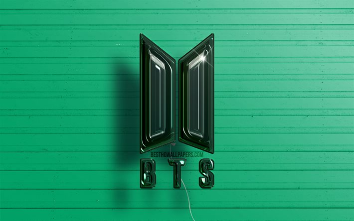 BTS 3D logo, 4K, Bangtan Boys, dark green realistic balloons, BTS logo, Bangtan Boys logo, green wooden backgrounds, BTS