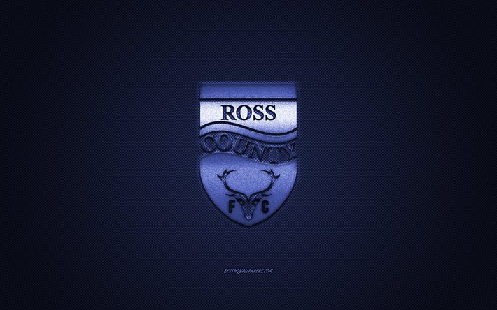 Ross County FC, clube de futebol escoc&#234;s, Scottish Premiership, logotipo azul, fundo azul de fibra de carbono, futebol, Dingwall, Esc&#243;cia, logotipo do Ross County FC
