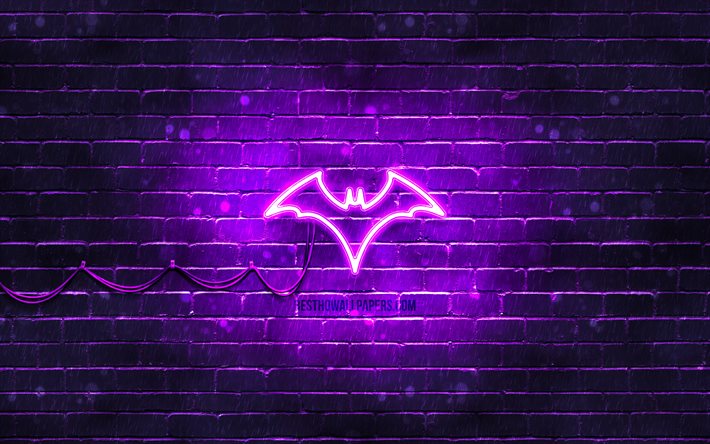Yarasa Kadın menekşe logosu, 4k, menekşe tuğla duvar, Yarasa Kadın logosu, s&#252;per kahramanlar, Batwoman neon logosu, DC Comics, Yarasa Kadın