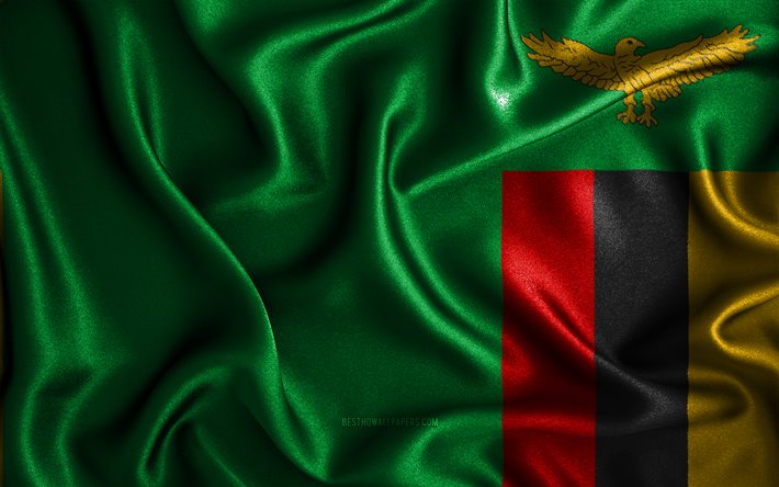 Bandiera dello Zambia, 4k, bandiere ondulate di seta, paesi africani, simboli nazionali, bandiera dello Zambia, bandiere in tessuto, arte 3D, Zambia, Africa, bandiera 3D dello Zambia
