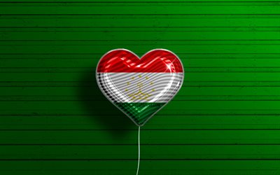 Jag &#228;lskar Tadzjikistan, 4k, realistiska ballonger, gr&#246;n tr&#228;bakgrund, asiatiska l&#228;nder, Tadzjikisk flagghj&#228;rta, favoritl&#228;nder, Tadzjikistans flagga, ballong med flagga, Tadzjikisk flagga, Tadzjikistan, Love Tadzjikistan