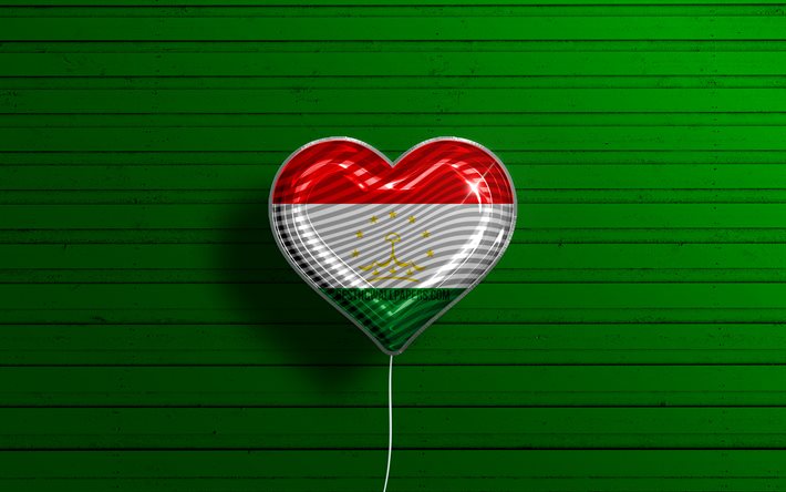 J&#39;aime le Tadjikistan, 4k, ballons r&#233;alistes, fond en bois vert, pays asiatiques, coeur de drapeau tadjik, pays pr&#233;f&#233;r&#233;s, drapeau du Tadjikistan, ballon avec drapeau, drapeau tadjik, Tadjikistan, amour Tadjikistan