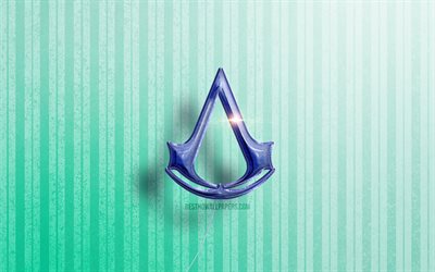 4 ك, شعار Assassins Creed 3D, بالونات زرقاء واقعية, ماركات الألعاب, أساسنز كريد, خلفيات خشبية زرقاء