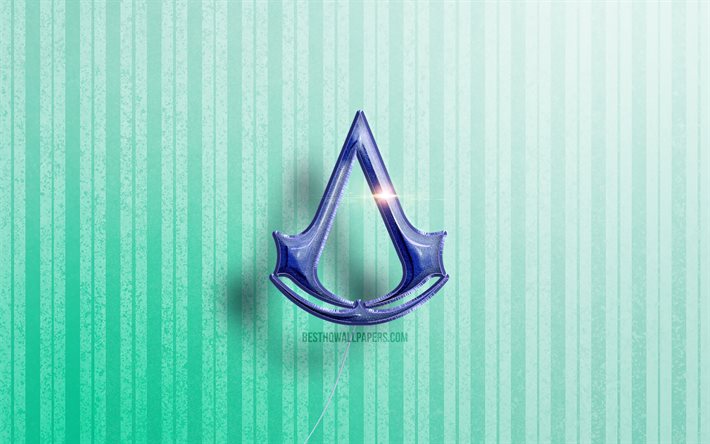 4k, Assassins Creed 3D logosu, mavi ger&#231;ek&#231;i balonlar, oyun markaları, Assassins Creed logosu, mavi ahşap arka planlar, Assassins Creed