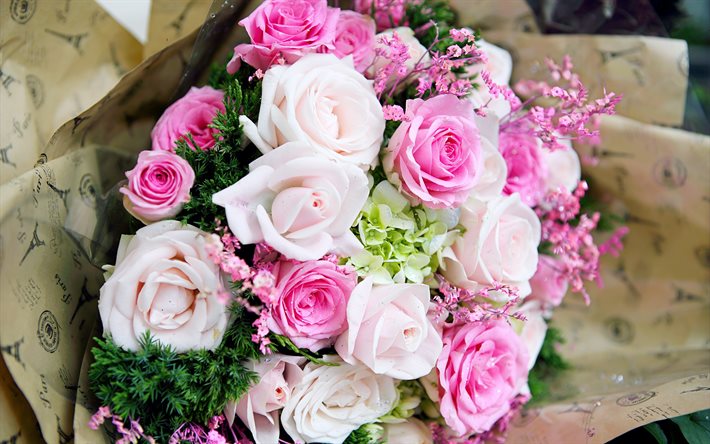 bouquet of roses, wedding roses bouquet, pink roses, white roses, bridal bouquet, roses