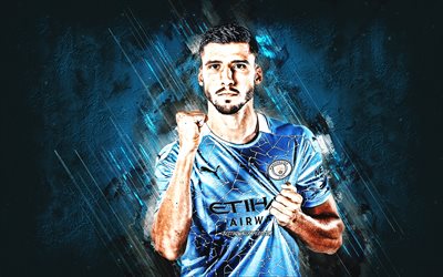 Ruben Dias, Manchester City FC, Portekizli futbolcu, portre, mavi taş arka plan, Premier Lig, İngiltere, futbol