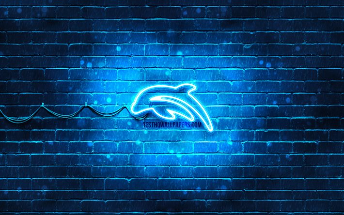 Icona al neon piccolo delfino, 4k, sfondo blu, simboli al neon, piccolo delfino, icone al neon, segno piccolo delfino, segni animali, icona piccolo delfino, icone animali