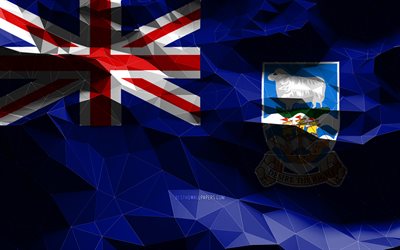 4k, bandeira das Ilhas Malvinas, low poly art, pa&#237;ses da Am&#233;rica do Norte, s&#237;mbolos nacionais, Bandeira das Ilhas Malvinas, bandeiras 3D, Ilhas Malvinas, Am&#233;rica do Norte, Bandeira das Ilhas Malvinas 3D