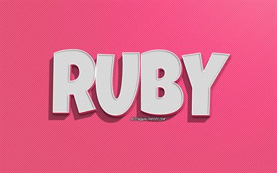 Ruby, pink lines background, wallpapers with names, Ruby name, female names, Ruby greeting card, line art, picture with Ruby name