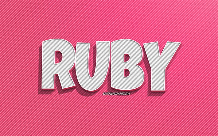 Ruby, fond de lignes roses, fonds d&#39;&#233;cran avec des noms, nom Ruby, noms f&#233;minins, carte de voeux Ruby, dessin au trait, photo avec nom Ruby