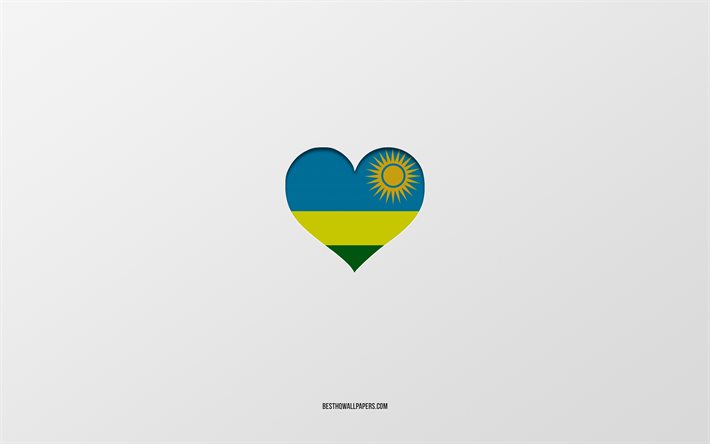 J&#39;aime le Rwanda, les pays d&#39;Afrique, le Rwanda, le fond gris, le coeur du drapeau du Rwanda, le pays pr&#233;f&#233;r&#233;, l&#39;amour du Rwanda