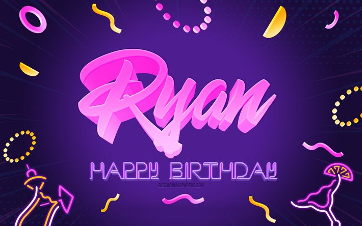 誕生日おめでとう, 4k, 紫のパーティーの背景, ライアン。, クリエイティブアート, ライアンの誕生日おめでとう, ライアンの名前, ライアンの誕生日, 誕生日パーティーの背景