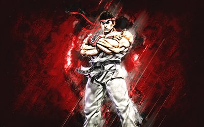 Ryu, Street Fighter, r&#246;d stenbakgrund, Ryu-karakt&#228;r, Street Fighter-karakt&#228;rer, Ryu Street Fighter
