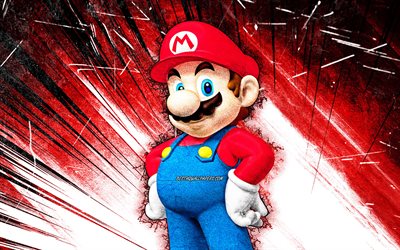 4k, Mario, arte grunge, idraulico dei cartoni animati, Super Mario, raggi astratti rossi, personaggi di Super Mario, Super Mario Bros, Mario Super Mario