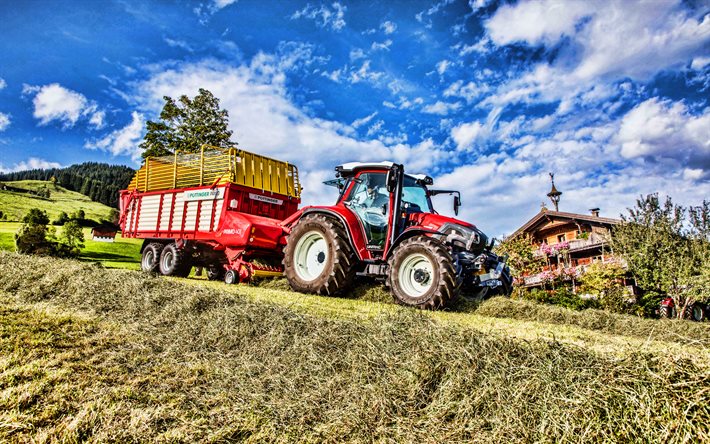 4k, Lindner Lintrac 115 LS, prairie, cueillette de l&#39;herbe, tracteurs 2021, tracteur rouge, HDR, machines agricoles, agriculture, Lindner
