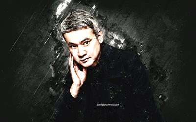 Satoshi Tomiie, Japon DJ, portre, gri taş arka plan, pop&#252;ler dj&#39;ler