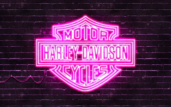 Harley-Davidson mor logosu, 4k, mor brickwall, Harley-Davidson logosu, motosiklet markaları, Harley-Davidson neon logosu, Harley-Davidson