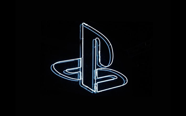PlayStation doğrusal logosu, 4k, minimal, siyah arka planlar, yaratıcı, sanat eseri, PlayStation neon logosu, PlayStation minimalizmi, markalar, PlayStation logosu, PlayStation