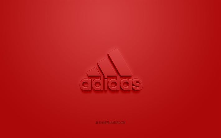 Adidas logosu, kırmızı arka plan, Adidas 3d logosu, 3d sanat, Adidas, markalar logosu, kırmızı 3d Adidas logosu