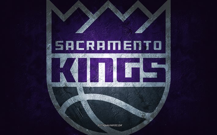Sacramento Kings, &#233;quipe am&#233;ricaine de basket-ball, fond de pierre pourpre, logo Sacramento Kings, art grunge, NBA, basket-ball, USA, embl&#232;me des Sacramento Kings