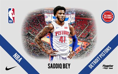 Saddiq Bey, Detroit Pistons, American Basketball Player, NBA, portrait, USA, basketball, Little Caesars Arena, Detroit Pistons logo