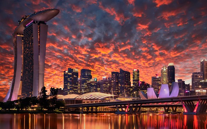 4k, Singapur, g&#252;n batımı, cityscaoes, Marina Bay Sands, g&#246;kdelenler, modern binalar, Asya, Singapur 4K, HDR