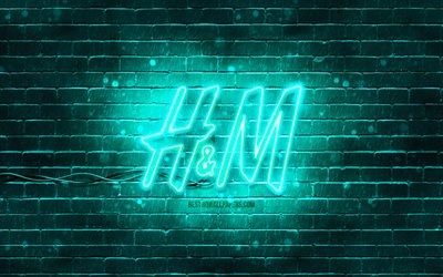H and M turquoise logo, 4k, turquoise brickwall, H and M logo, fashion brands, H and M neon logo, H and M