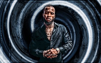 4k, Tory Lanez, gray grunge background, american rapper, music stars, vortex, Daystar Peterson, creative, Tory Lanez 4K