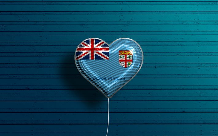 Amo le Fiji, 4k, palloncini realistici, sfondo di legno blu, paesi dell&#39;Oceania, cuore della bandiera delle Fiji, paesi preferiti, bandiera delle Fiji, palloncino con bandiera, Oceania, Love Fiji