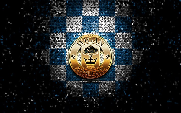Wigan Athletic FC, logotipo brilhante, EFL Championship, fundo xadrez branco azul, futebol, clube de futebol ingl&#234;s, logotipo do Wigan Athletic, arte em mosaico, Wigan Athletic