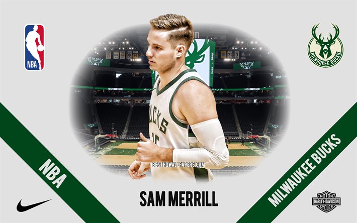 Sam Merrill, Milwaukee Bucks, American Basketball Player, NBA, portrait, USA, basketball, Fiserv Forum, Milwaukee Bucks logo