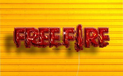 Logo Garena Free Fire, 4K, ballons r&#233;alistes rouges, GFF, marques de jeux, logo Garena Free Fire 3D, logo GFF, fonds en bois jaune, Garena Free Fire