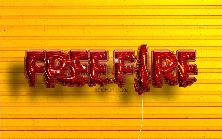 Logo Garena Free Fire, 4K, palloncini realistici rossi, GFF, marchi di giochi, logo Garena Free Fire 3D, logo GFF, sfondi in legno gialli, Garena Free Fire