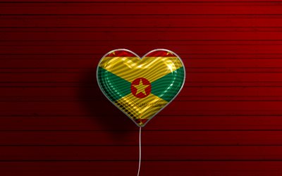 I Love Grenada, 4k, realistic balloons, red wooden background, Grenadian flag heart, favorite countries, flag of Grenada, balloon with flag, Grenadian flag, North America, Love Grenada