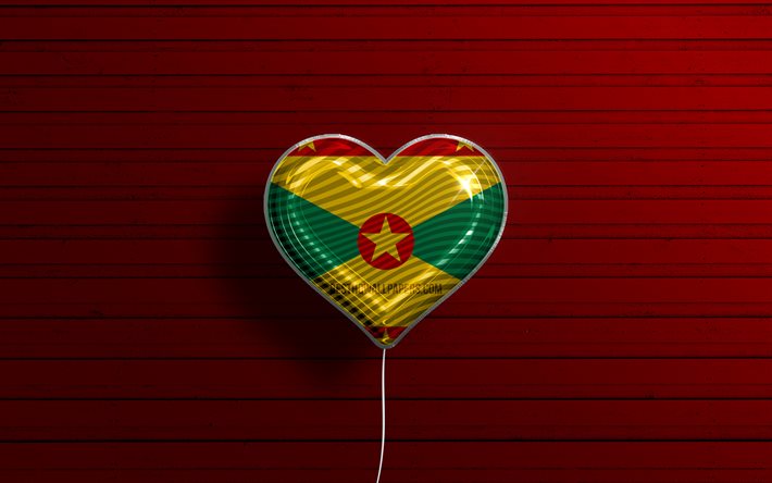 Eu amo Granada, 4k, bal&#245;es realistas, fundo de madeira vermelha, cora&#231;&#227;o de bandeira gren&#225;, pa&#237;ses favoritos, bandeira de Granada, bal&#227;o com bandeira, bandeira gren&#225;, Am&#233;rica do Norte, Granada do Amor