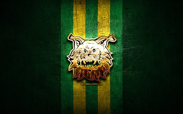 Ilves, logotipo dourado, Liiga, fundo de metal verde, time finland&#234;s de h&#243;quei, liga finlandesa de h&#243;quei, logotipo Ilves, h&#243;quei