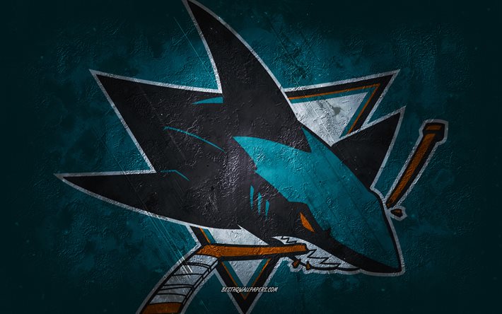 Sharks de San Jose, &#233;quipe de hockey am&#233;ricaine, fond en pierre turquoise, logo des Sharks de San Jose, art grunge, LNH, hockey, &#201;tats-Unis, embl&#232;me des Sharks de San Jose